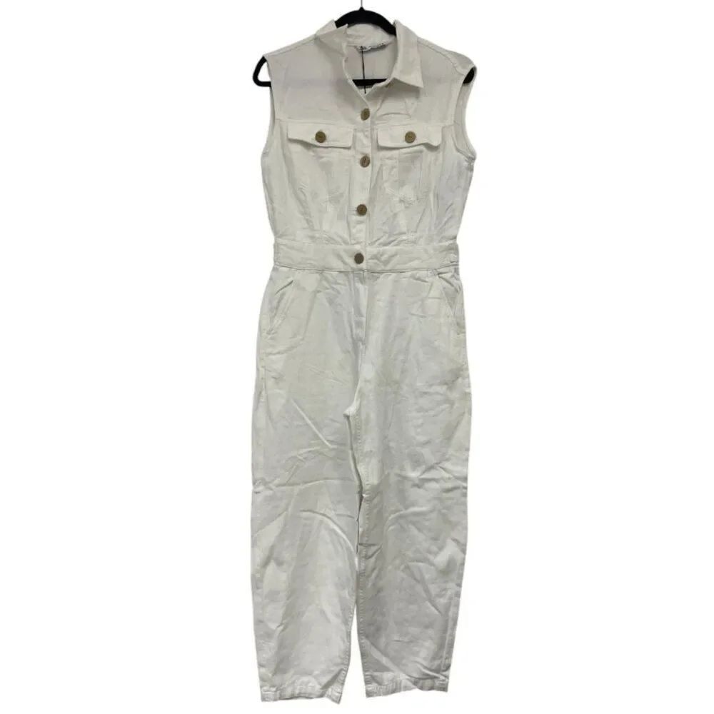 Zara Womens Jumpsuit Denim M Medium White Balloon Leg Sleeveless 8119/326 NWT